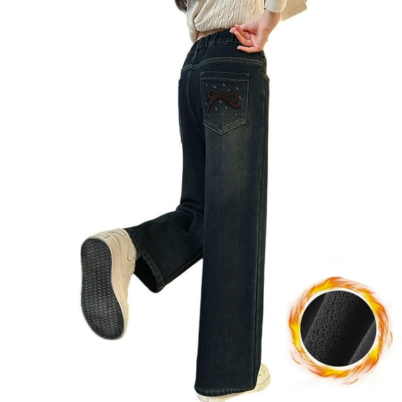Byoo Toddler Girls Lined Denim Pants Thickened Straight Wide Leg Trousers Cozy Warm Casual Jeans for Kids