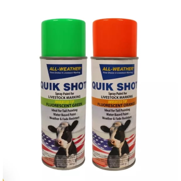 All-Weather, Quik Shot Livestock Spray Paint Bundle- 2 Pack, Green & Orange. Fast-Drying