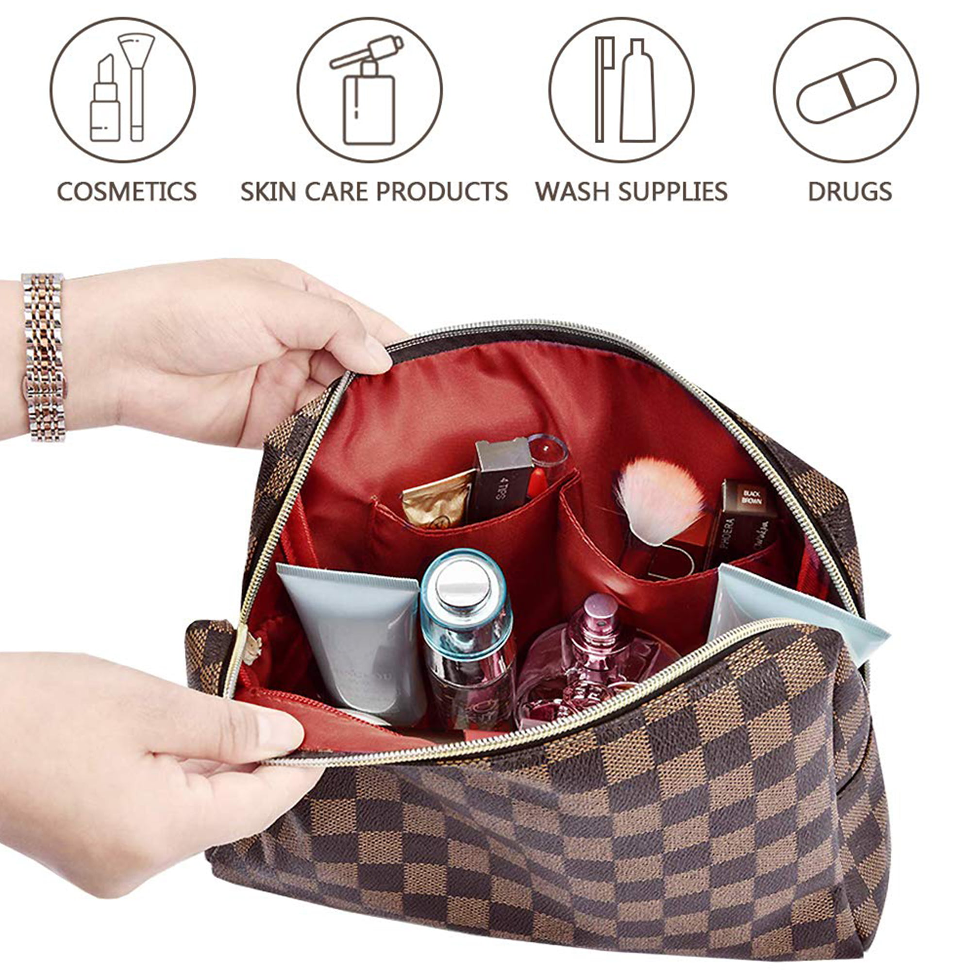 cirea Brown Large Capacity Travel Cosmetic Bag Plaid Checkered Makeup Bag PU Leather Waterproof Skincare Bag with Handle and Divider (Black)