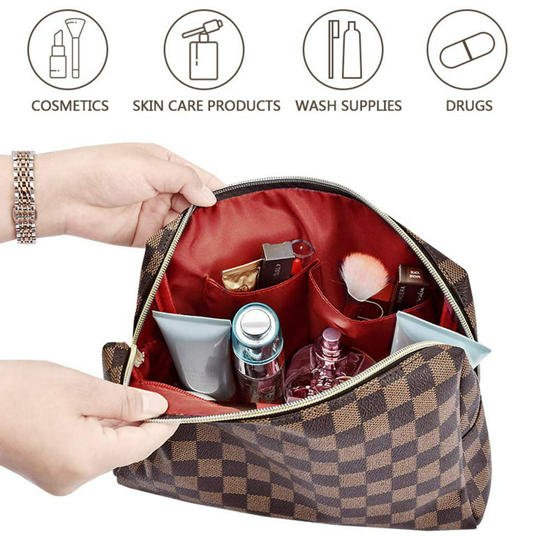 2Pcs Cosmetic Travel Bag, Brown Checkered Makeup Bag, Lightweight and  Waterproof Leather Toiletries Bag for Gril Friend Wife Bridal Birthday  Christmas