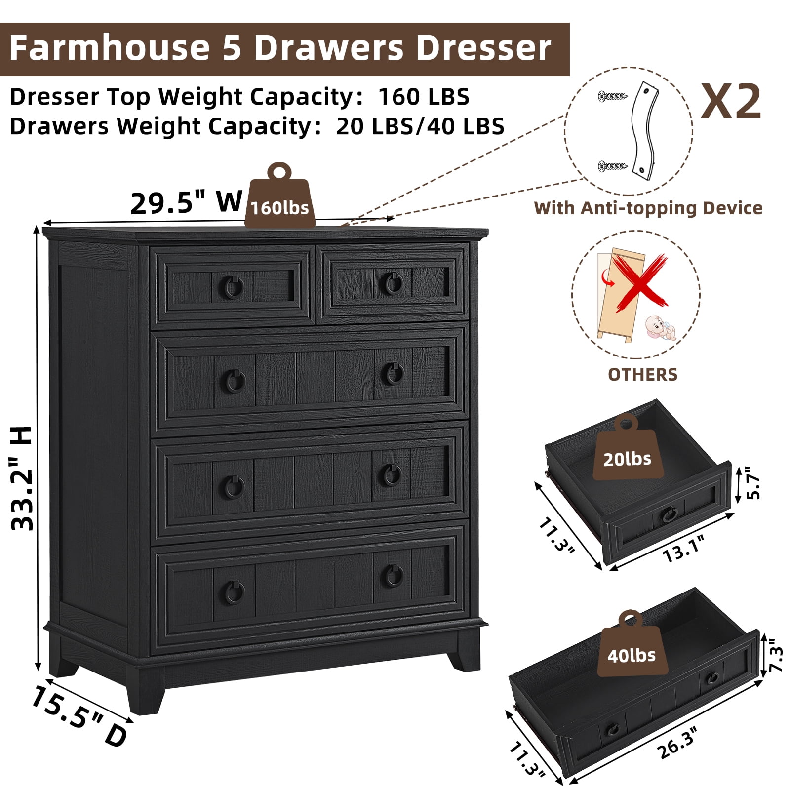 Farmhouse 5 Drawers Dresser for Bedroom with Smooth Metal Rails, Vertical Wood Dresser with Deep Drawers, Chest of Drawers for Bedroom, Black