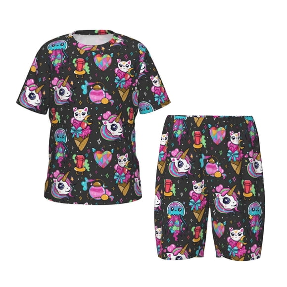Balery Rainbow Unicorn And Cat Icecream Conjunto de Pijama Infantil de Manga Corta con Estampado – Ropa de Dormir de Algodón Suave-Large