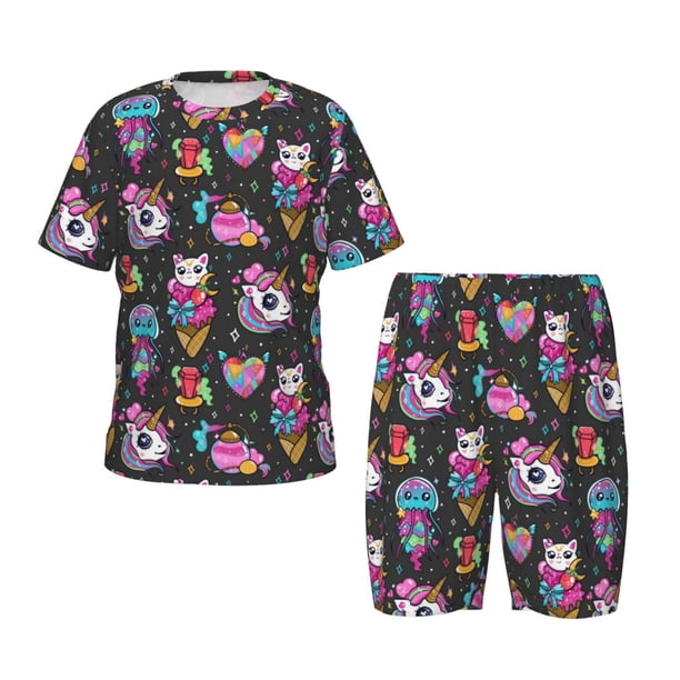 Balery Rainbow Unicorn And Cat Icecream Conjunto de Pijama Infantil de Manga Corta con Estampado – Ropa de Dormir de Algodón Suave-Large