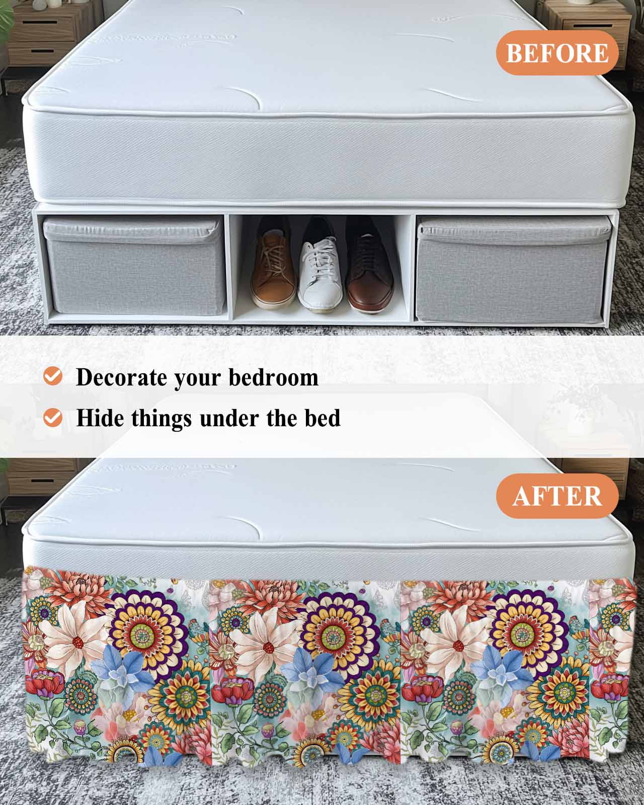 Boho Floral Bed Skirt Queen Size, Bohemia Colorful Mandalas Botanical Flower Wrap Around Bed Skirting with Adjustable Elastic Strap, Dust Ruffle Pleated Bedskirts 16 Inch Drop for Bedroom Queen Beds