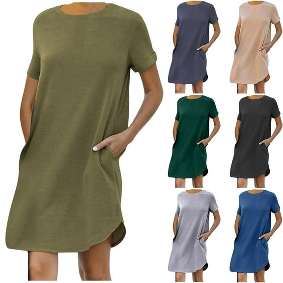 ZZwxWA 2025 Women's Summer T Shirt Dress Casual Round Neck Roll Up Short Sleeve Dresses Soft Comfy A Line Beach Sundress
