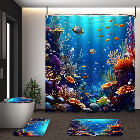 LVRLVR 1/4 Underwater world Ocean Fabric Shower Curtain Rug Set - Vibrant Coral Reef Underwater Bath Mat Bathroom Decoration,Blue, 70.8" × 70.8"