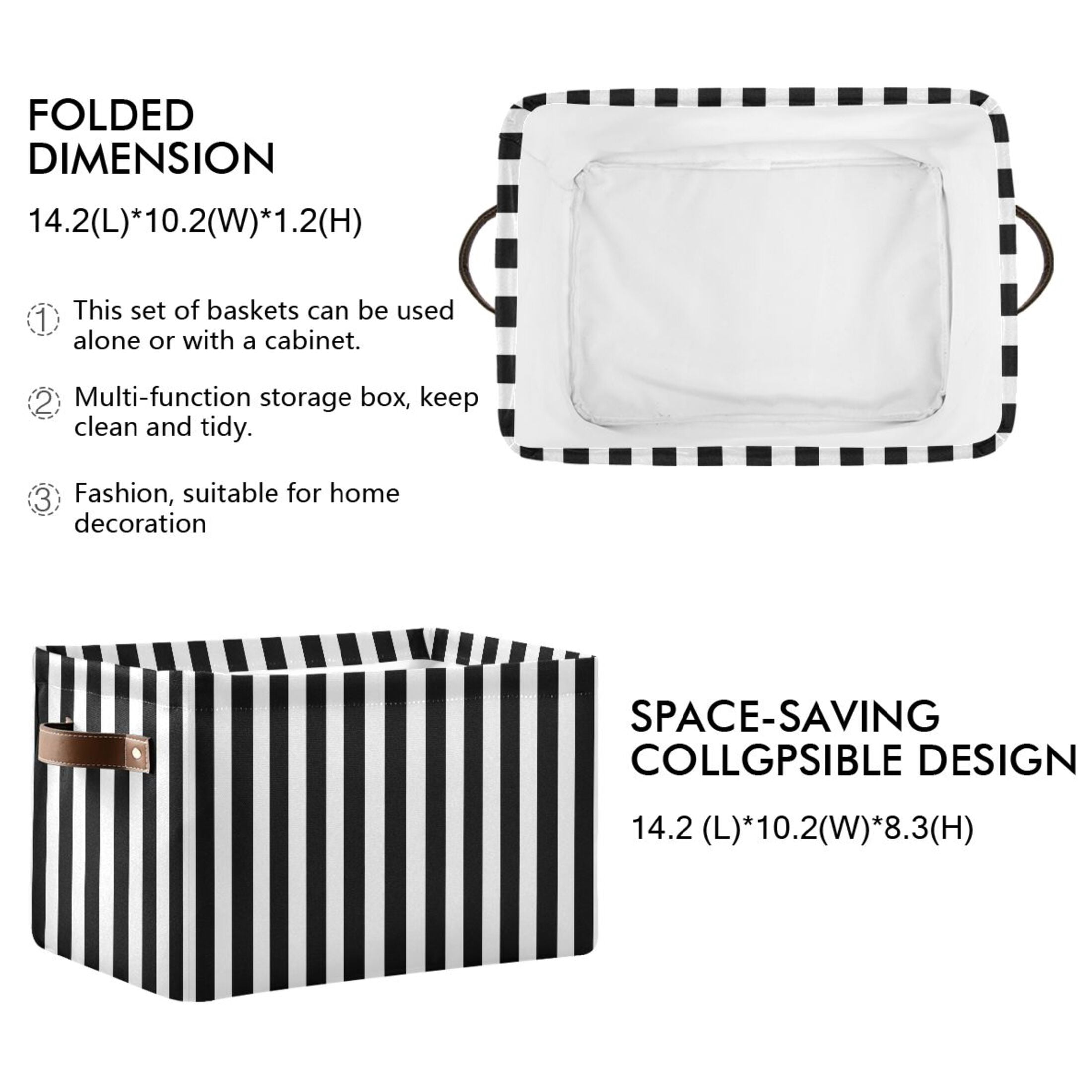 2 Pack Storage Bins with Handle Fabric Organizer Basket Foldable Box Black and White Striped 14.2x10.2x8.3