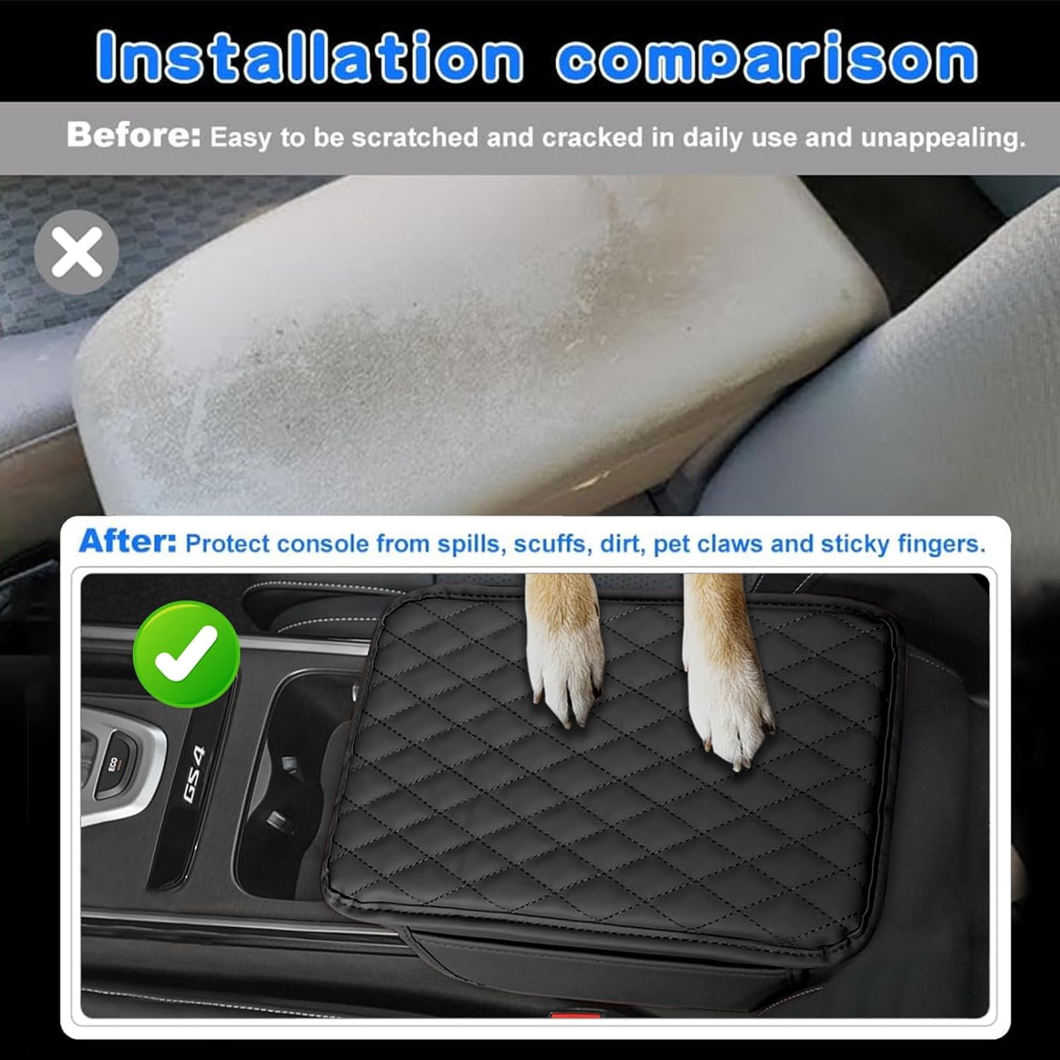 Gilysido Universal Car Center Console Armrest Cover for Vehicle, Black PU Leather Pad Protector with 2 Storage Bags