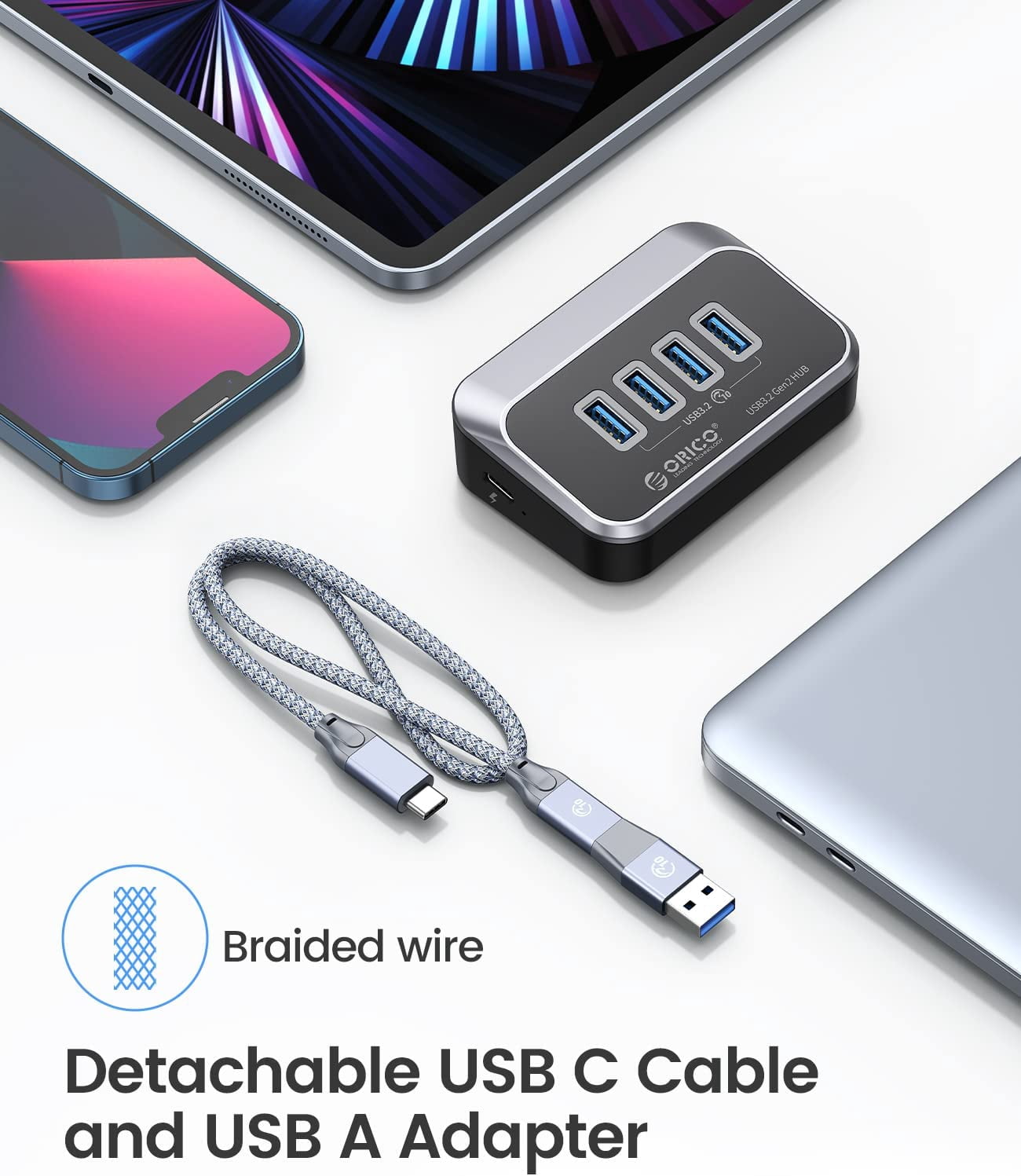 ORICO USB 3.2 Gen 2 Hub,10Gbps USB Hub with 4 USB A Ports, USB Adapter USB Extender USB Splitter with 1.64Ft USB Cable USB Multiport Adapter for MacBooks,Laptop, Camera,Keyborad, Mouse