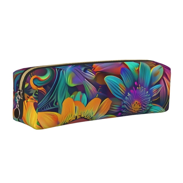 Easygdp Psychedelic Sunflowers para Estuche de Lápices de Cuero, Estuche de Papelería de Cuero, Estuche de Gran Capacidad con Cremallera