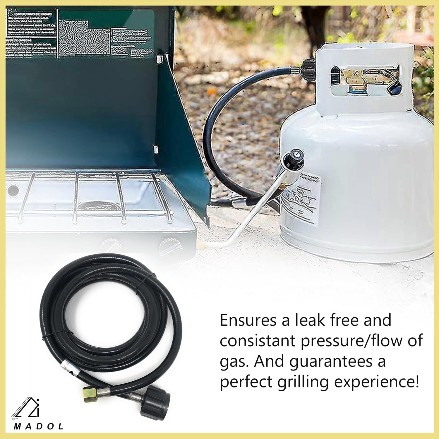Madol 12 Feet Hose Assembly For Propane Tank Adapter QCC1 Acme x 3/8 Female Flare, Max 80,000 BTU's EVEN Controlled FLO Tanks RV BBQ Gas Grills Fire Pit Table Heaters