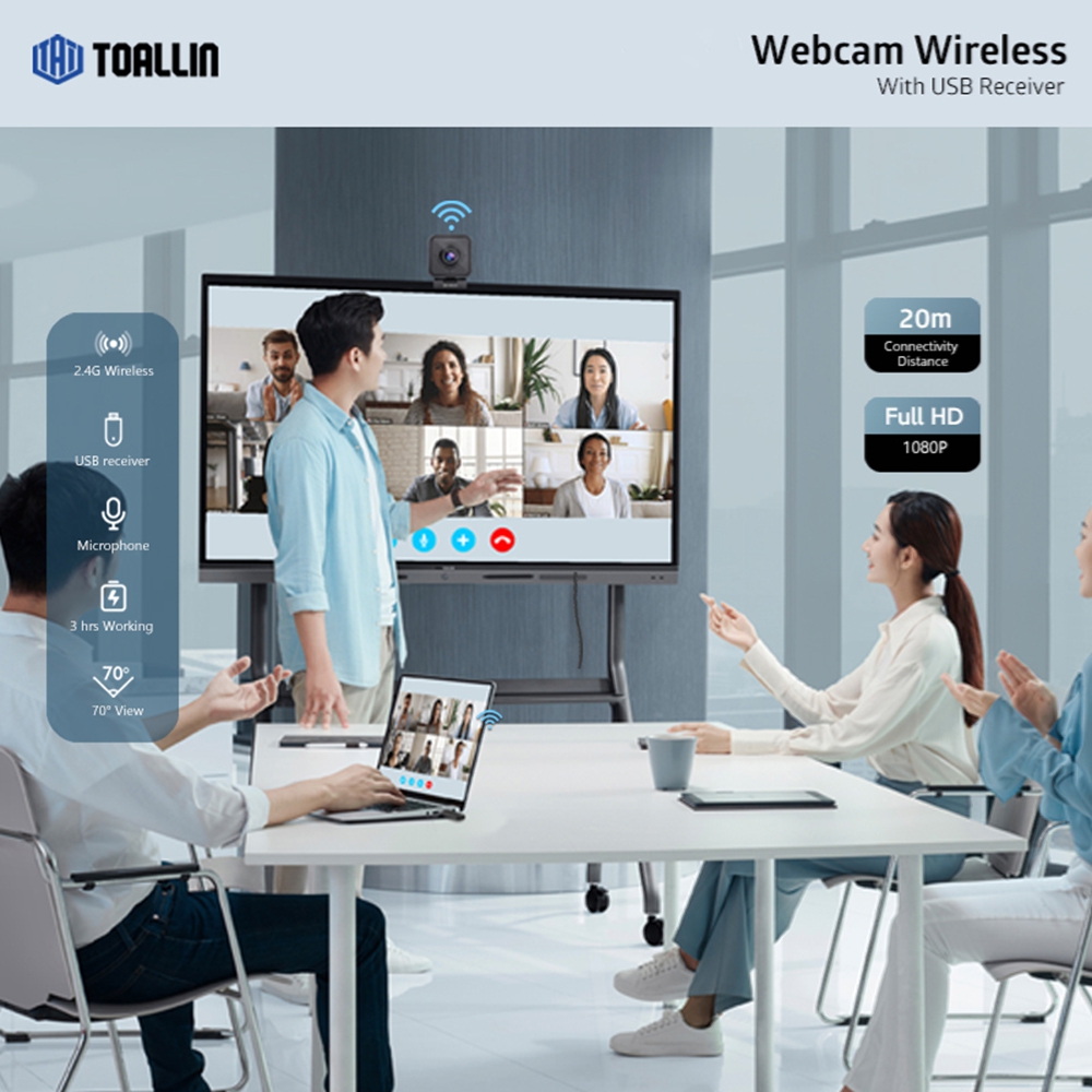 TOALLIN WL168 1080P Wireless Fixed Focus FHD Webcam with Noise-Cancelling Built-in Microphone for PC,with USB Receiver,Plug & Play