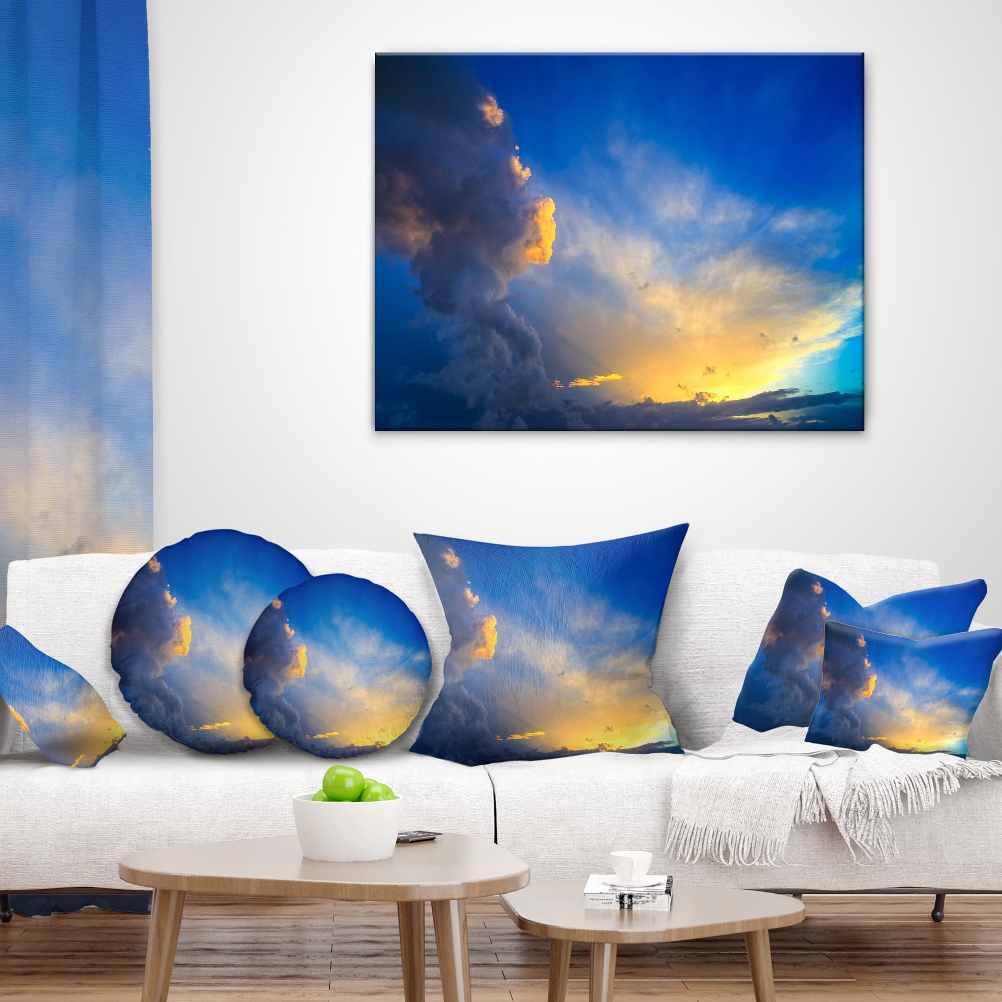 Designart Dramatic Sunset Sky with Thunderstorm - Beach Photo Throw Pillow - 16x16