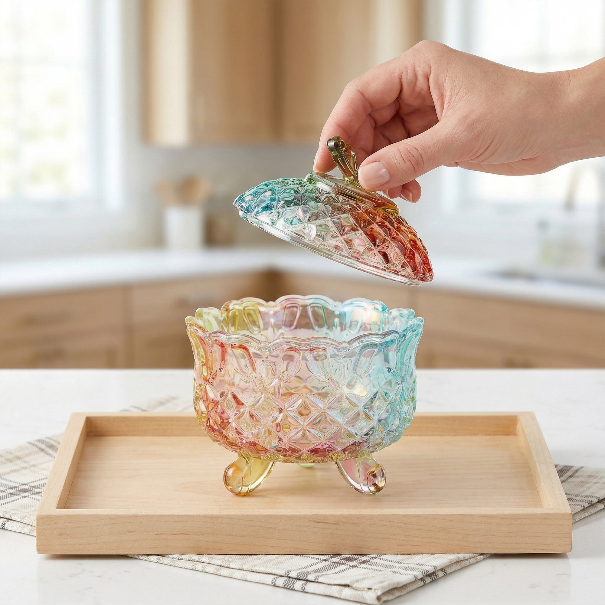 Unique Bargains 8.5oz Crystal Glass Jar with Lid Decorative Dish for Vanity Multicolor