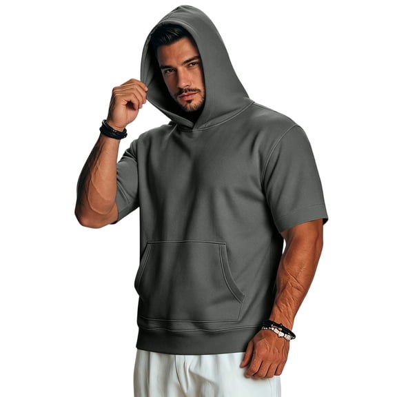 Yifymode Men's Short Sleeve Hoodie Athletic Workout T-Shirt Gym Running Pullover Hooded Sweatshirt with Pocket,Dark Gray 4XL