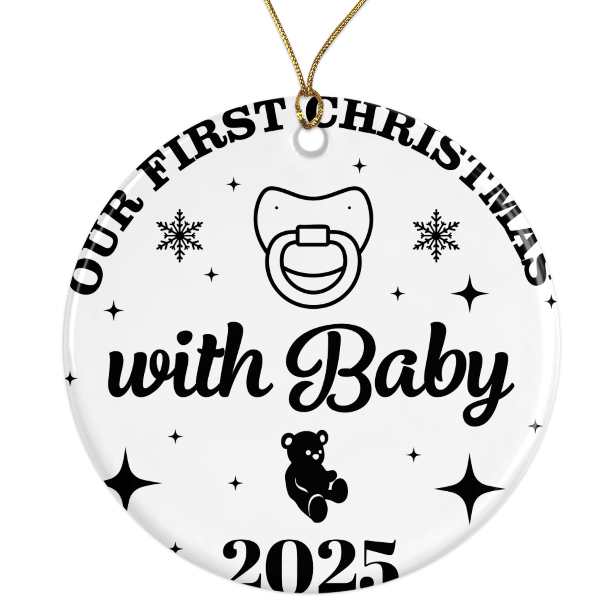 Our First Christmas with Baby Ornament - Teddy Bear & Pacifier, 2025 Keepsake Ceramic Ornament - 3 Inch - String Included - ORNW0336