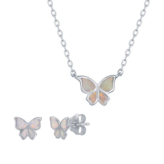 iJewelry2 Sterling Silver White Inlay Opal Small Butterfly Pendant Necklace and Earrings Set