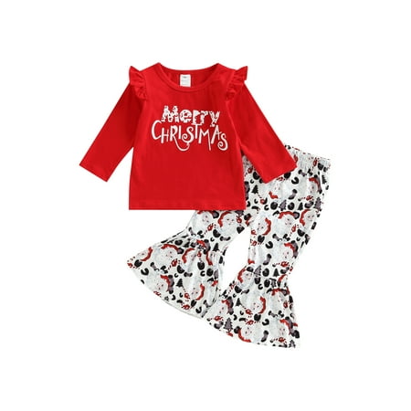 

xingqing 0-4Years Christmas Toddler Baby Girl Pants Suit Santa Letter Long Sleeve Shirt Flare Pants Fall Winter Clothes Set Red 6-12Months