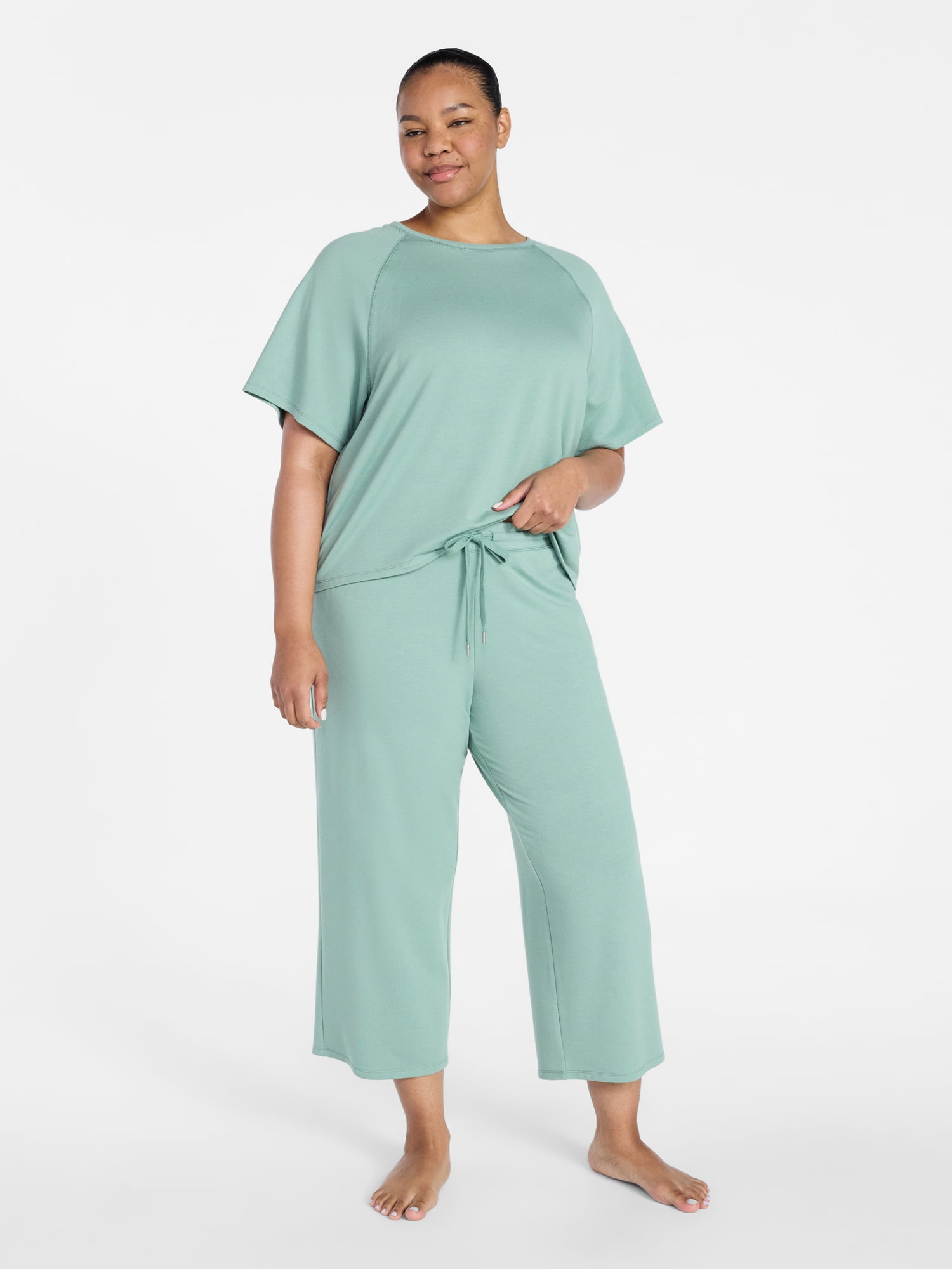 Joyspun Women's French Terry Lounge Sleep Short Sleeve Top and Capri Pants Set, 2 Piece, Sizes XS-3X