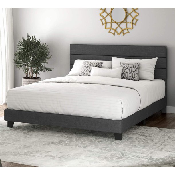 Sha Cerlin King Platform Bed Frame with Upholstered Fabric Headboard, Mattress Foundation with