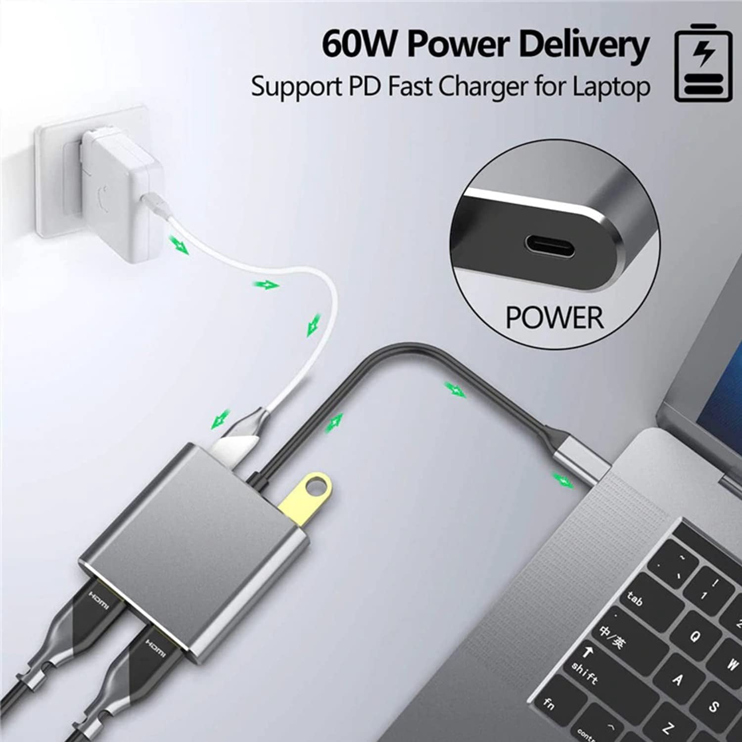 USB C to Dual HDMI Adapter, 4 in 1 USB Type C Hub with 2 HDMI/USB3.0 /PD Charging, Dual Screen Display USB-C Docking Station for Windows, MacOS