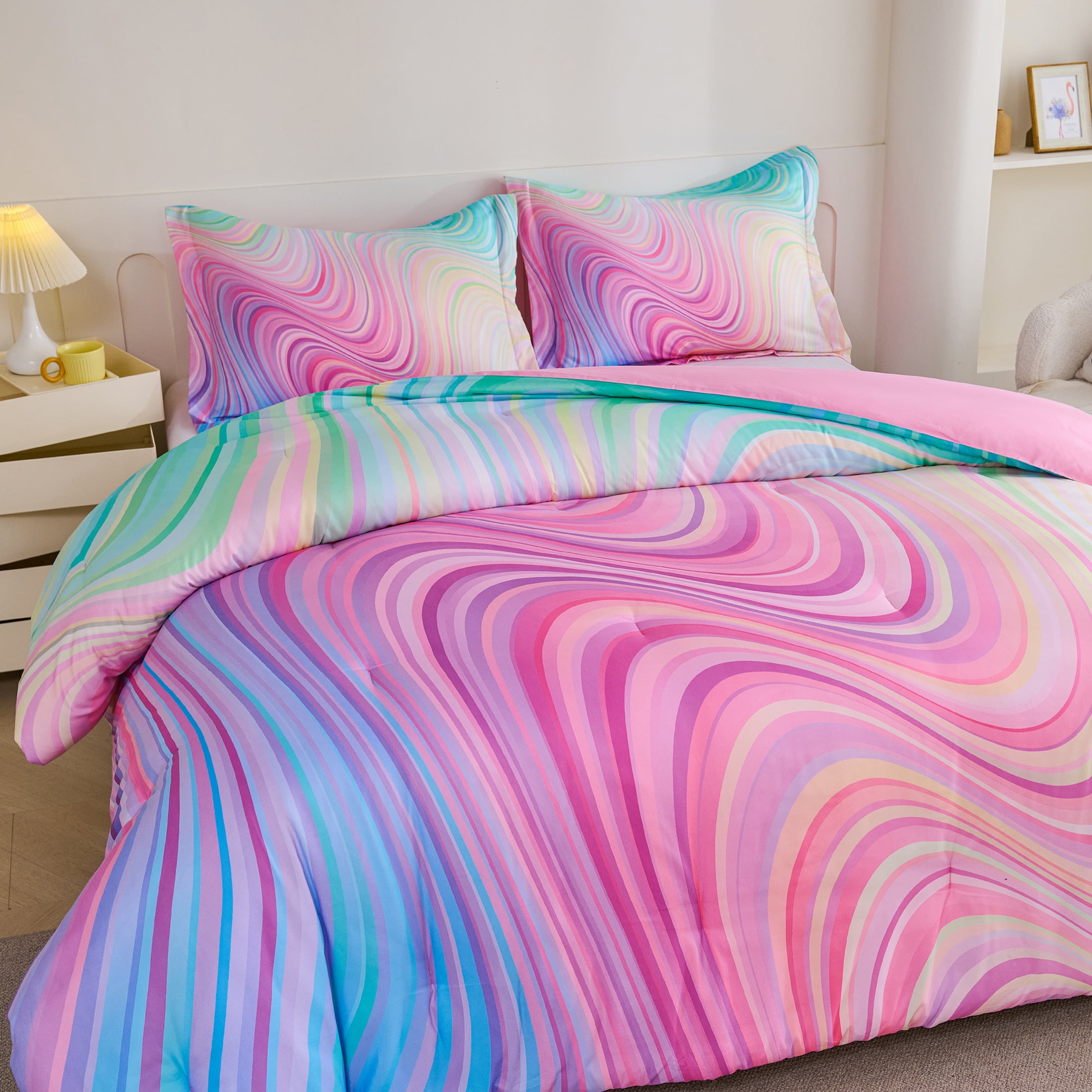 Koniroom 3-Piece Girls Pastel Swirl Rainbow Comforter Set Full Size, Blue Pink Purple, Kids Bedding Set