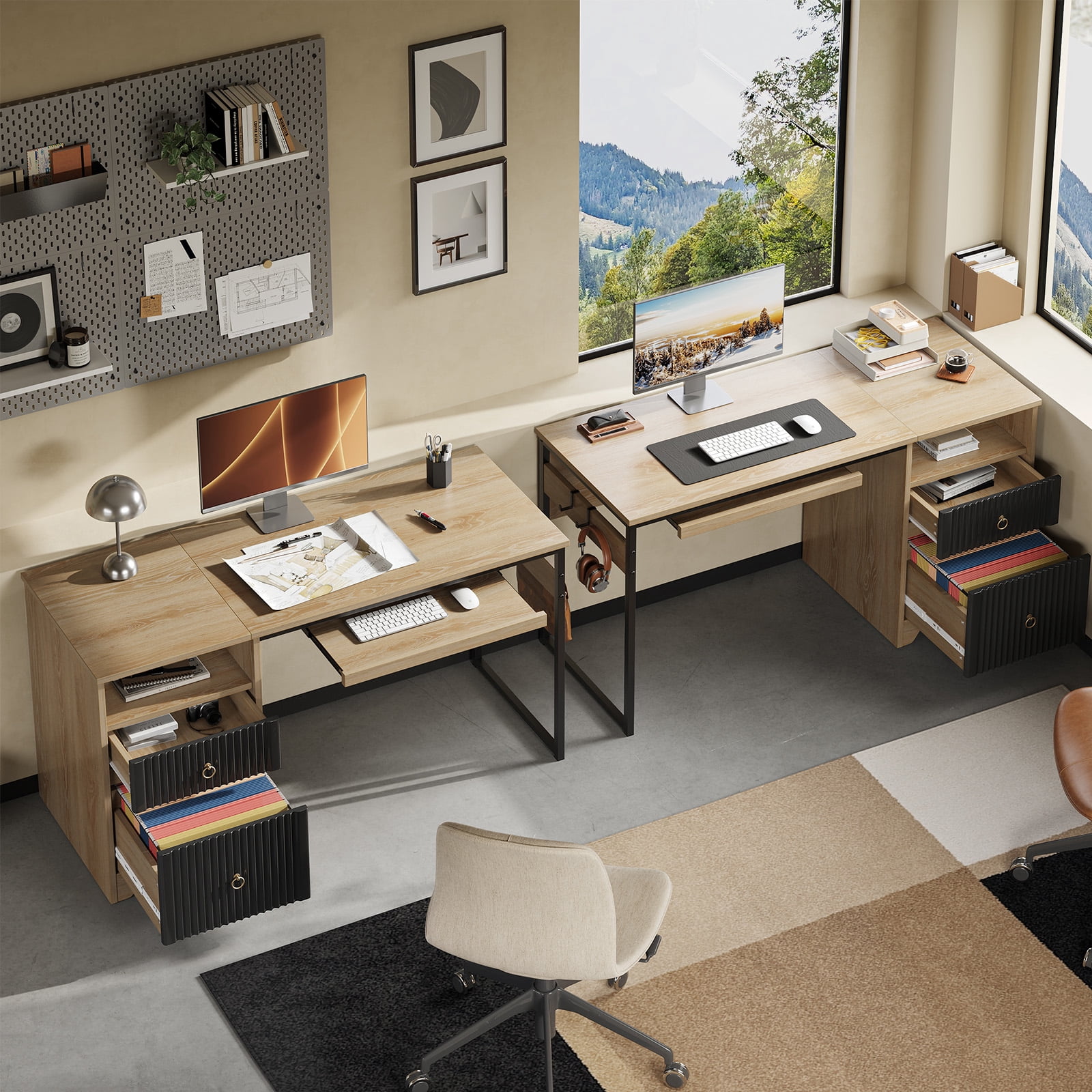 Bestier 55 Inch Office Desk with Drawers, Keyboard Tray, 2 Hooks, Modern Fluted Computer Desk for Home, Natural Oak