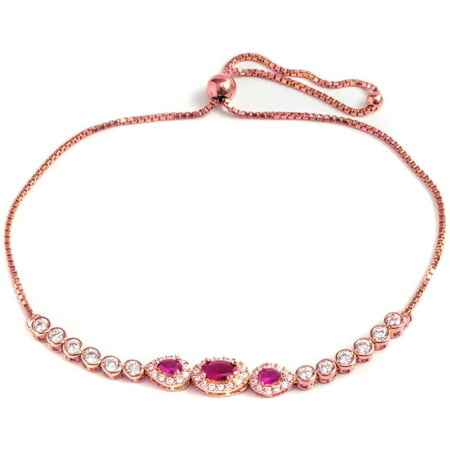 Pori Jewelers Pink CZ 18kt Rose Gold-Plated Sterling Silver Circle Friendship Bolo Adjustable Bracelet
