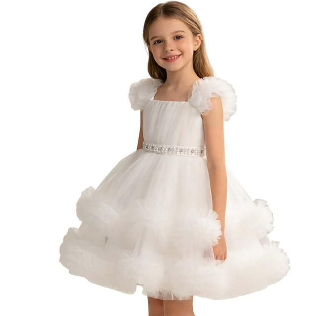 MIASHUI Robe Tutu Élégante pour Filles, Robe de Soirée Formelle pour Récital d'Anniversaire et Blanc, 3-4 Ans