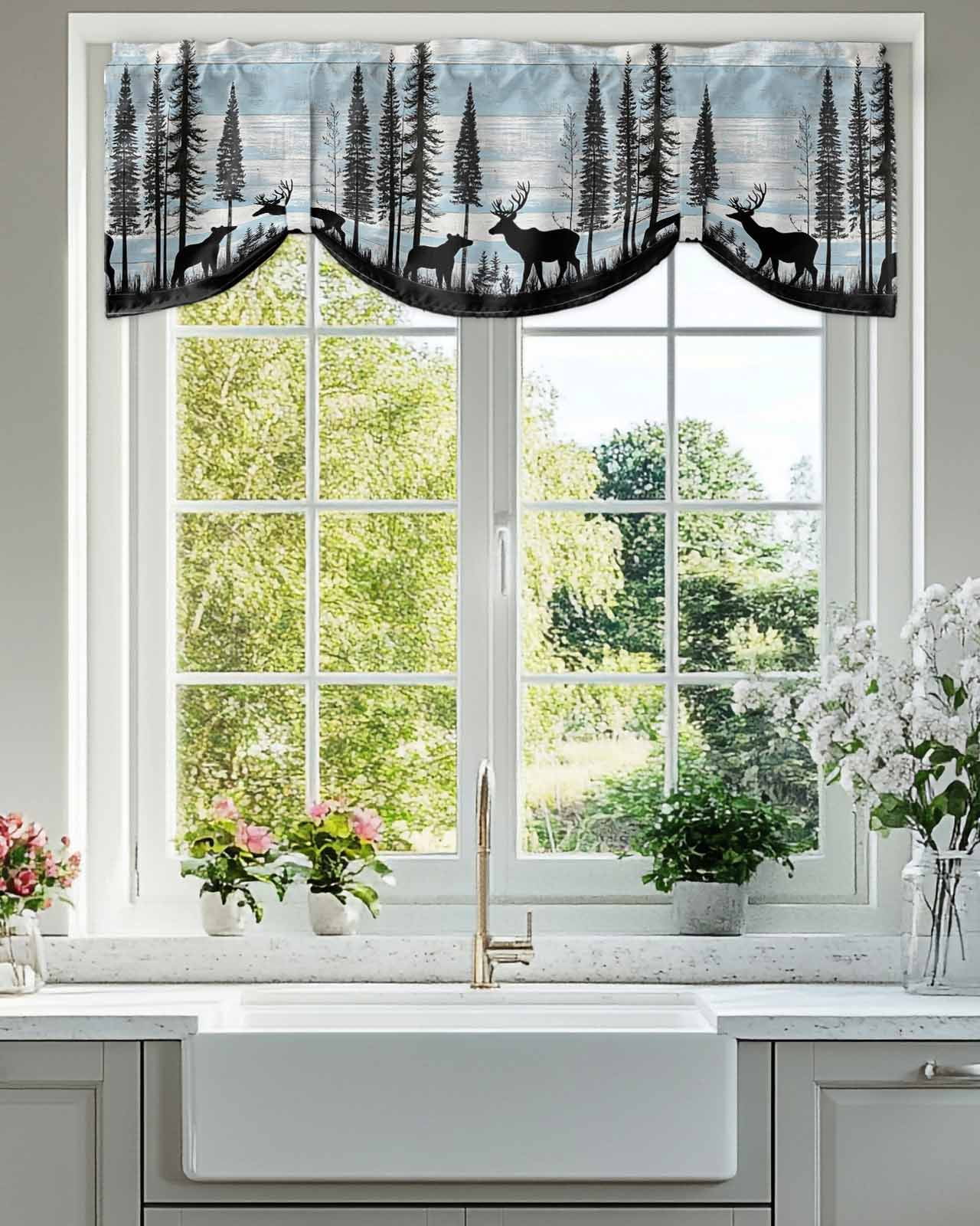 Black Bear Elk Tie Up Valances Curtain, Blue White Wood Grain Forest Animal Nature Kitchen Valances for Windows Decor, Rod Pocket Short Curtains Set for Bedroom/Bathroom, 60"x18"