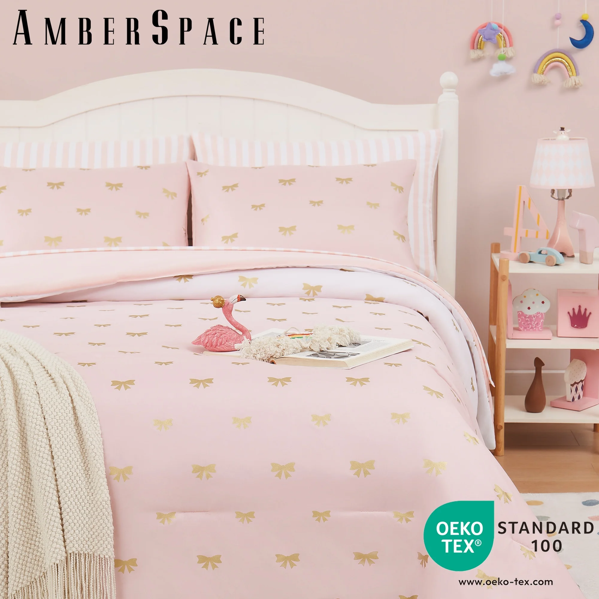 Amberspace gold foil Design 7-piece Bed in a Bag Comforter Set with Sheets,Pink/Bow Knot,Full