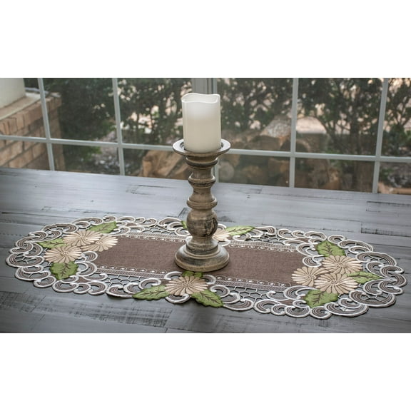 Embroidered Gold Daisy on Brown Table Runner (35"/ 44")