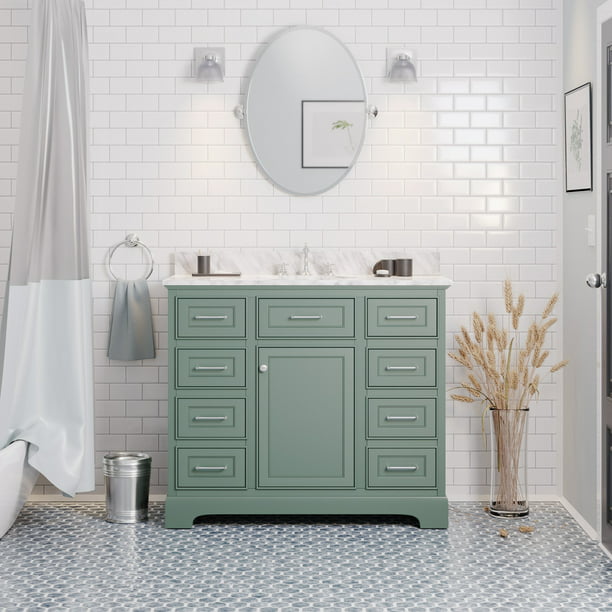 Aria 42 Bathroom Vanity With Sage Green Cabinet And Carrara Marble Top Com - Fiberglass Bathroom Farm Sink Vanity