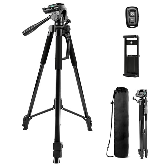 BUSATIA Tripod for Camera, 64" Travel Camera Tripod for Canon, Nikon, Panasonic, Sony, DSLR, iPhone and iPad, with Bluetooth Remote, Travel Bag and 2-in-1 Holder, Adjustable Portable