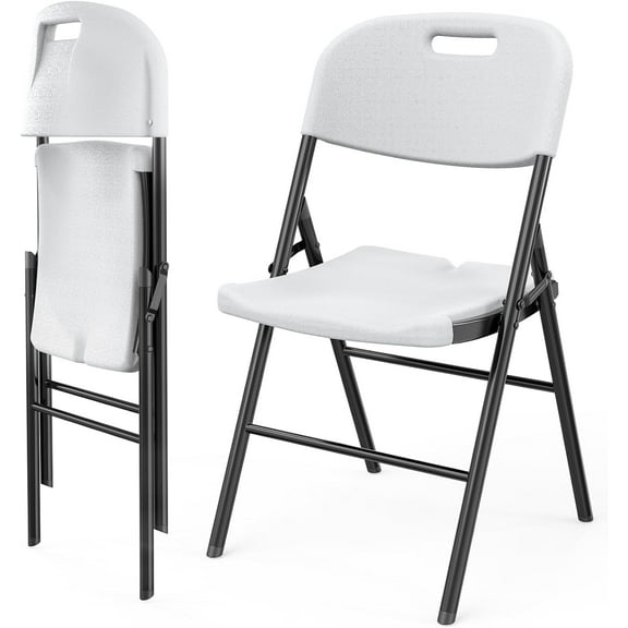 VINGLI Folding Chairs, Heavy Duty Chair Portable HDPE Plastic Seat with Steel Frame for Outdoor Use, White, 2 Pack