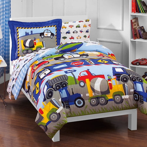 Dream Factory Trains And Truck Twin 5 Piece Comforter Set, Cotton/Polyester, Blue, Red, Yellow, Multi