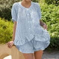 thumbnail image 2 of FRSASU Womens 2 Piece Ruffle Pajama Set Gingham Button Down Short Sleeve Shirts and Shorts Plaid Spring Summer Outfits Light Blue, 2 of 7