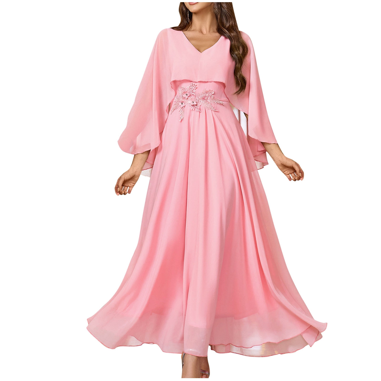 HKEJIAOI Robes de Cocktail Formelles pour Femmes Fleur Élégant Châle Rose Chiffon Robe à Col en V Bal Fête Fluide Robe Maxi Rose, TG