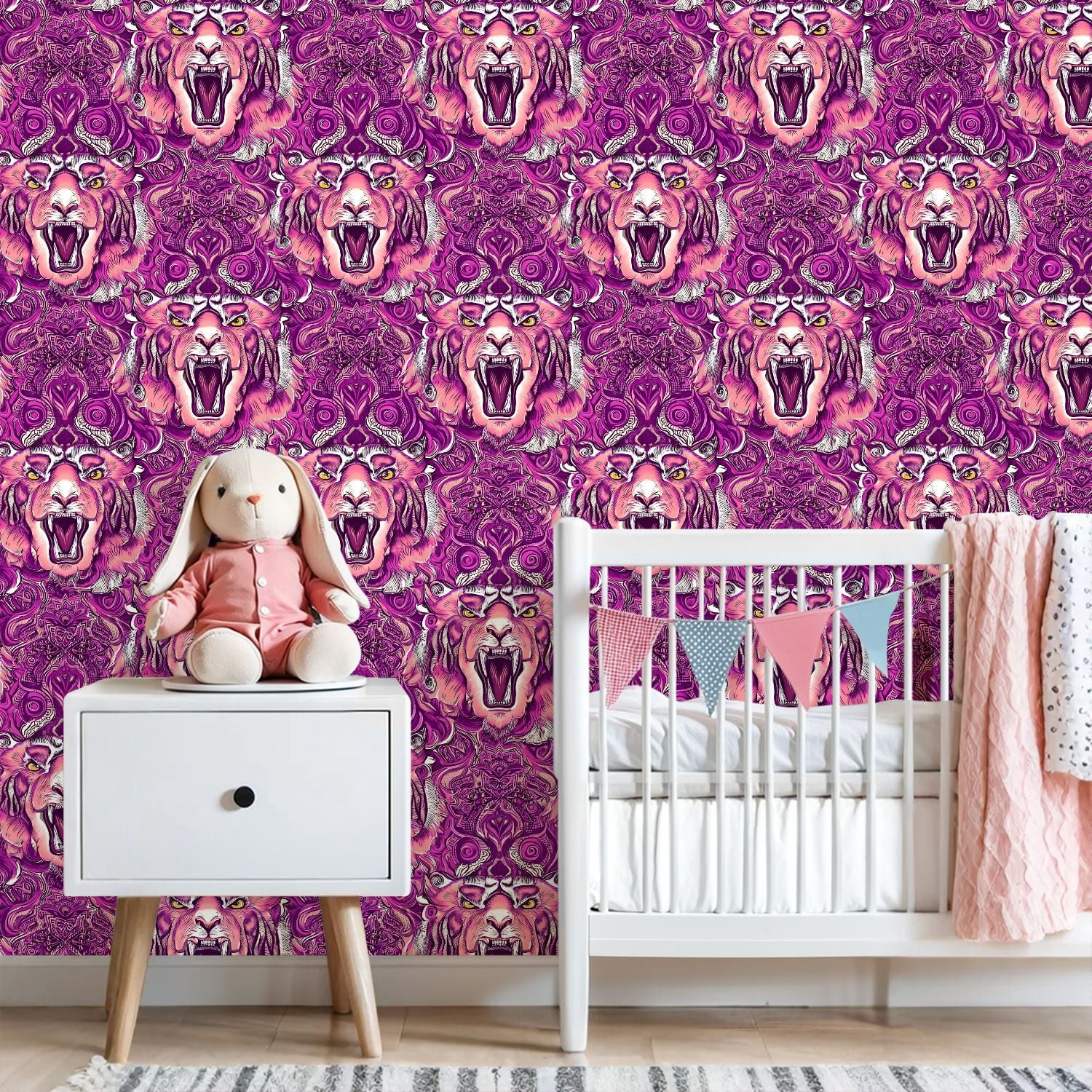 Peel and Stick Wallpaper Bold Tiger Face Pink Purple Mandala Wall Mural 23.6in x 9.8ft Self Adhesive Removable Wall Paper Renter Friendly Wallpaper for Nursery Bedroom Cabinets
