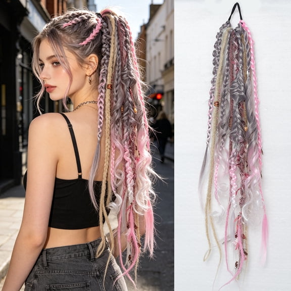 XmhyTop Long Beaded Hand-Braided Synthetic Ponytail Hairpiece 24", Nordic Style Twisted Locs Extension With Integrated Elastic Band For Women Daily Looks, Pink