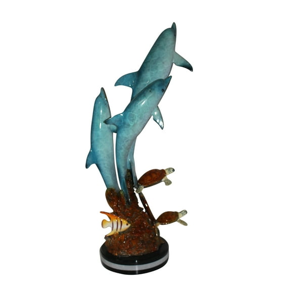 Nifao Three Dolphins W turtles and fish Bronze Statue – Home Decor Sculpture, 16"L x 16"W x 40"H