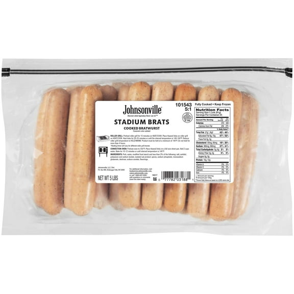 Johnsonville 5 1 Stadium Style Cooked Bratwurst, 80 Ounce -- 2 per case.