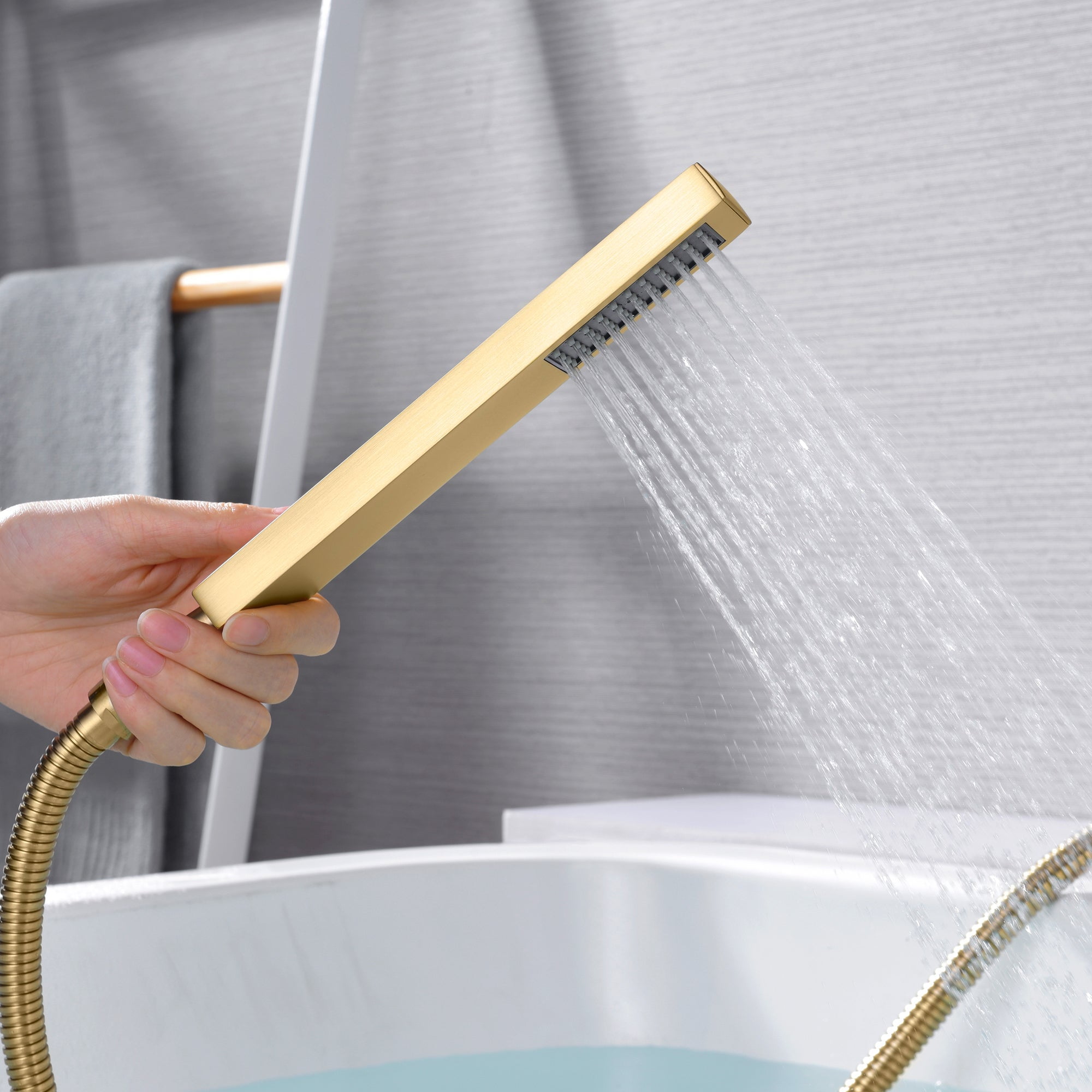 SUMERAIN 5 Holes Roman Tub Faucet Set,Deck Mount Waterfall Bathtub Faucet with Handheld Shower Brushed Gold