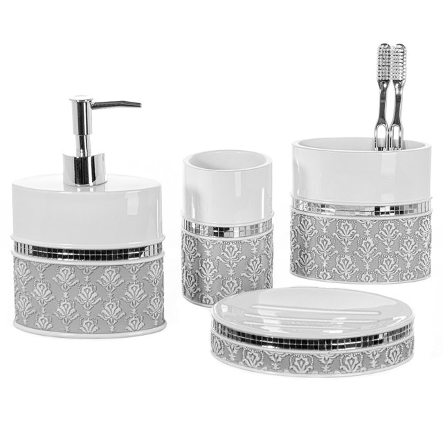 Set de accesorios de baño Creative Scents, 4 piezas, blanco/gris