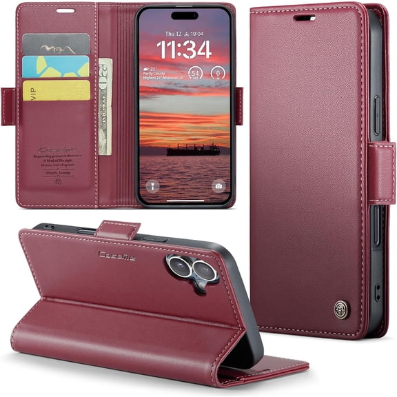 Leather Case for iPhone 16 Wallet Case with Card Holder, Kickstand RFID Blocking Magnetic Closure Shockproof Protective PU Case for iPhone 16 Flip Case Wallet
