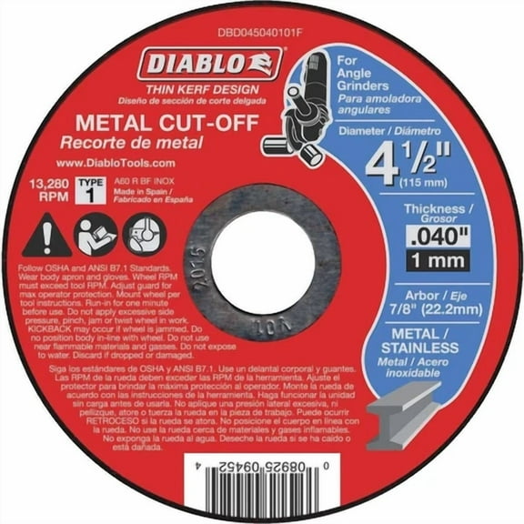 FABLE- Diablo 4.5 Inch Metal Cut Off Wheel Thin Kerf 0.040 Inch Type 1 Disc