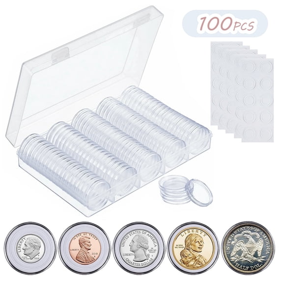 100 Pcs 30mm Coin Holder Capsules with 5 Sizes Foam Gaskets Clear Coin Holder for Collectors with Storage Box