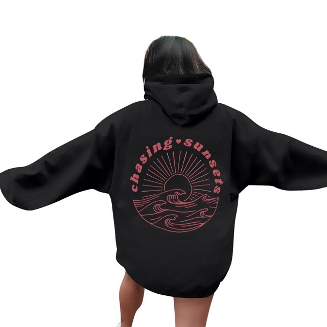 Sudadera con capucha rosa Gotyou Estampado de palma Manga larga Bolsillos Negro XXL