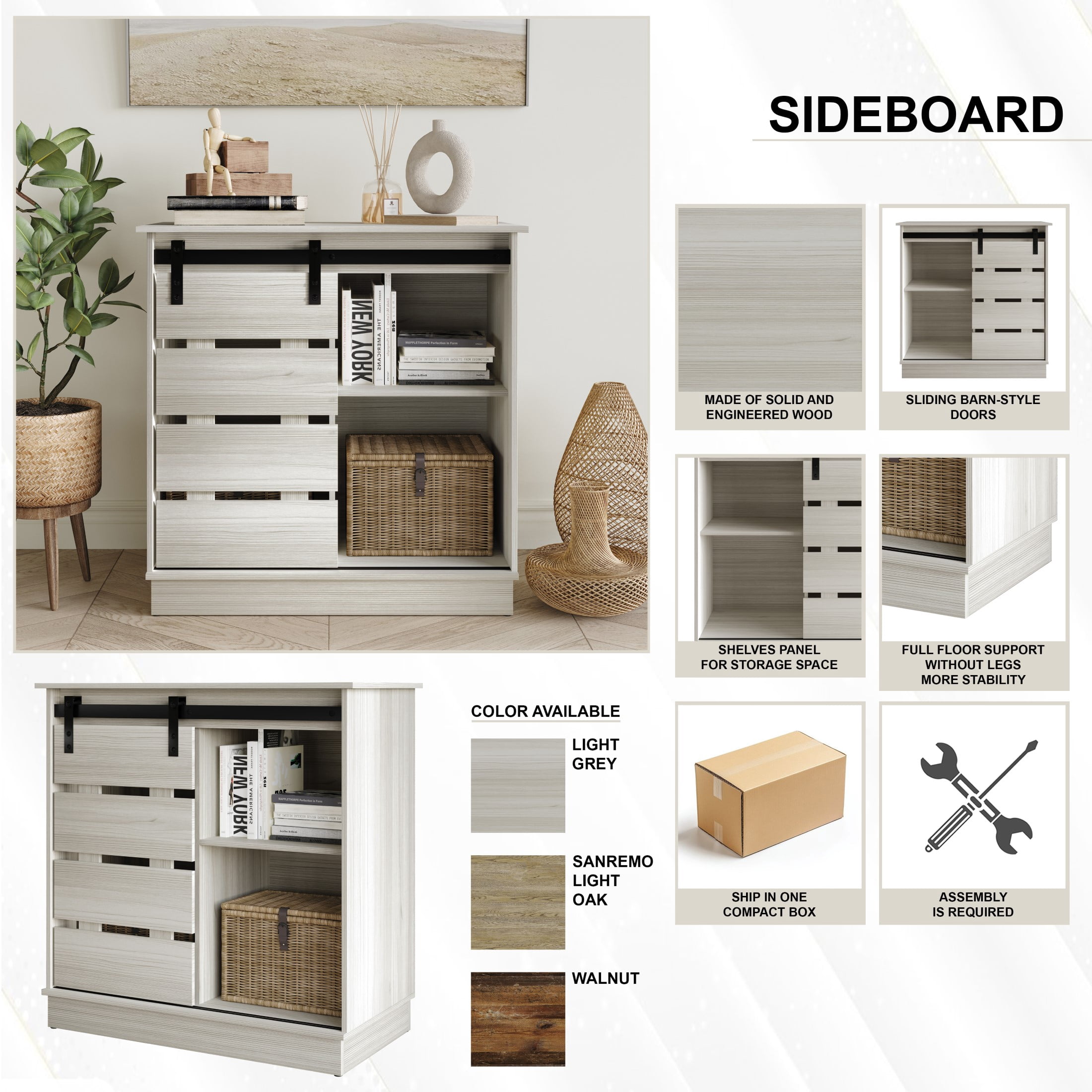 Castle Place Farmhouse Sideboard Buffet Cabinet, Light Grey
