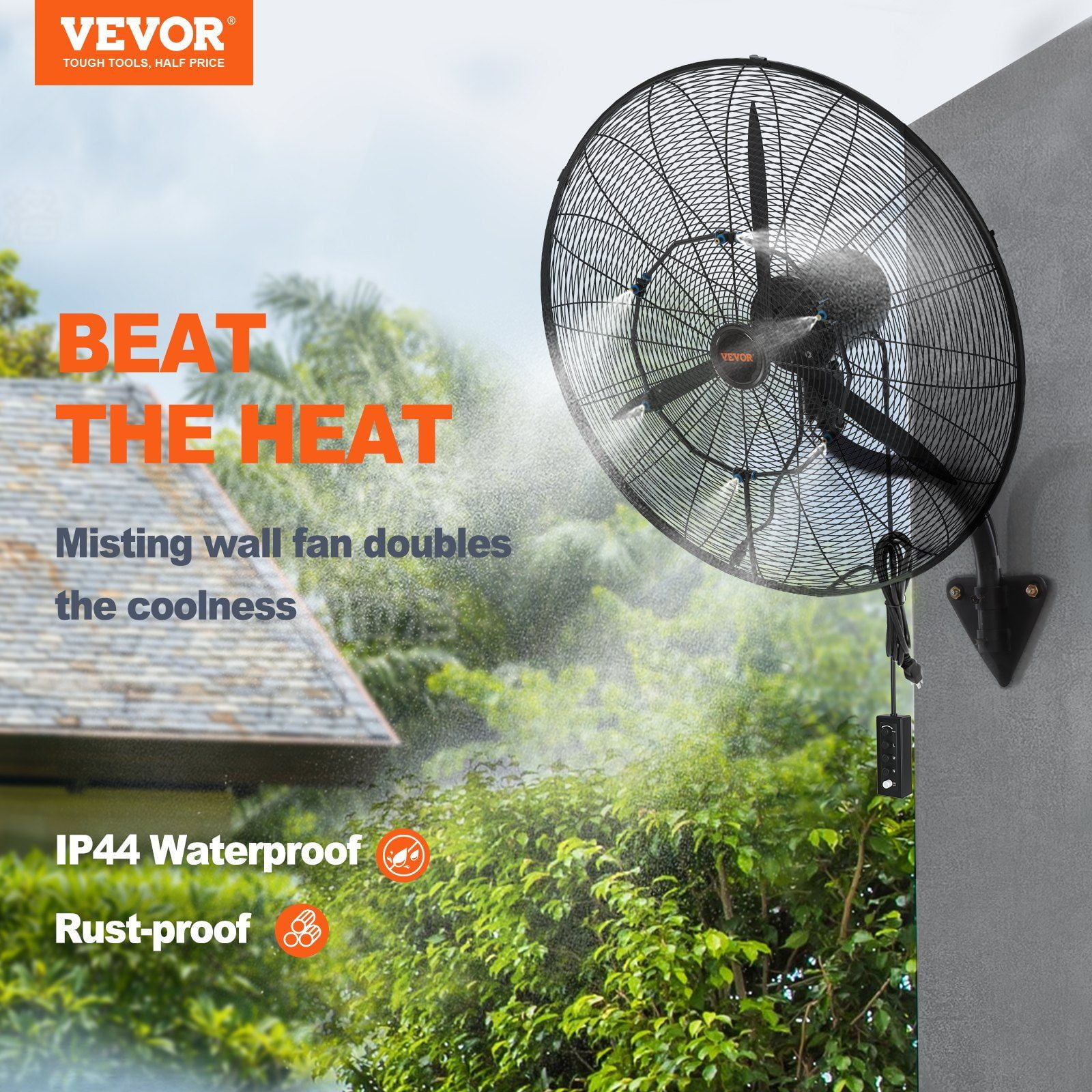 HCY Wall-Mount Misting Fan, 24 Inch, 3-speed High Velocity Max. 7000 CFM, Waterproof Oscillating Industrial Wall Fan, Commercial or Residential for Warehouse, Greenhouse, Workshop, Black, ETL Listed